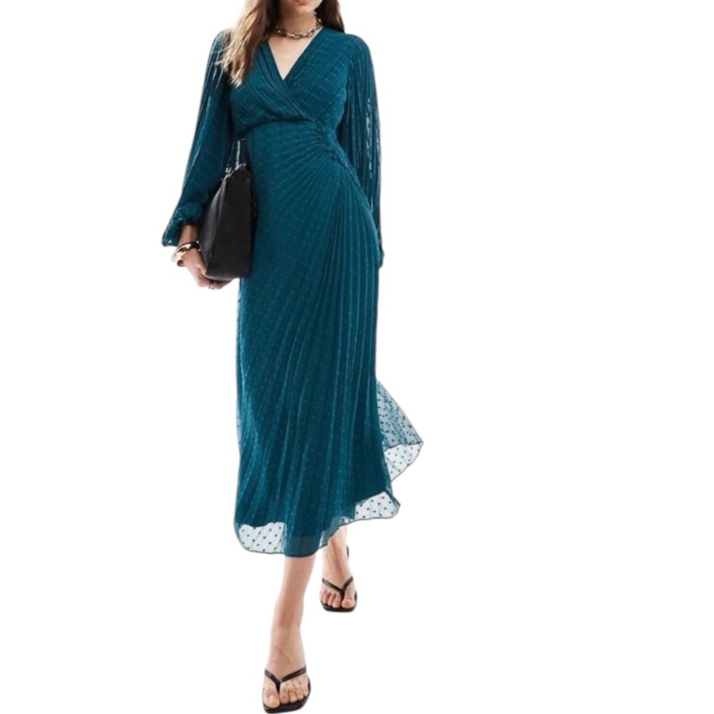 ASOS DESIGN pleated dobby chiffon wrap button detail maxi dress in teal green